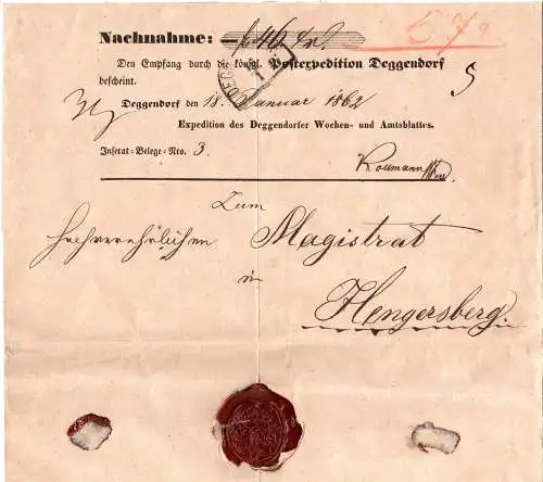 Bayern 1862, HKS Deggendorf auf Nachnahme Vorduck Brief n. Hengersberg. 