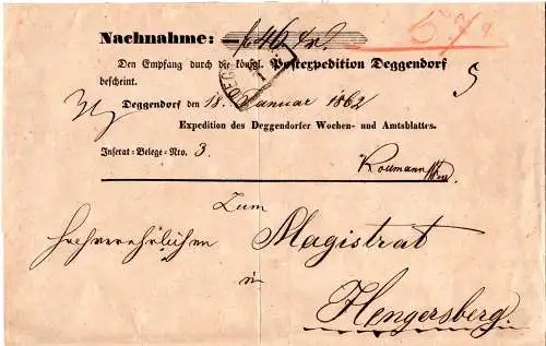 Bayern 1862, HKS Deggendorf auf Nachnahme Vorduck Brief n. Hengersberg. 