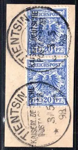 DP China V 48d, senkr. Paar 20 Pf. auf Briefstück m. Stempel Tientsin. Geprüft.