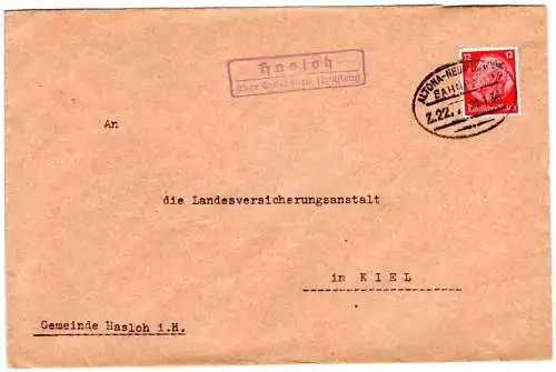 DR 1936, Landpost Stpl. HASLOH über Quickborn auf Bahnpost-Brief m. 12 Pf.