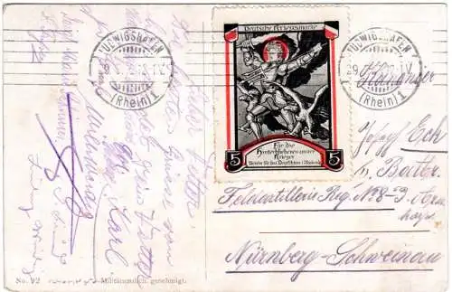 Bayern 1915, Dt. Kriegsanleihe Spendenmarke auf Feldpost Karte v. Ludwigshafen