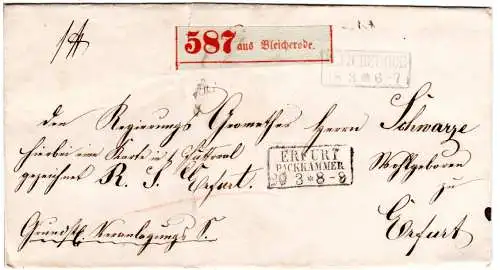 Preussen 1863, R2 Bleicherode auf Paket Brief m. R3 Erfurt Packkammer