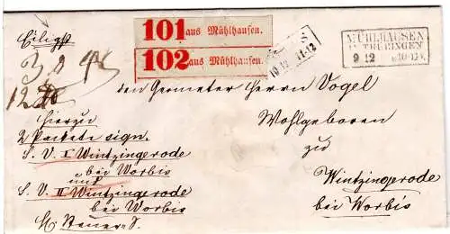 Preussen 1864, R2 Mühlhausen auf Paket Brief m. 2 roten Zetteln n. Wintzingerode