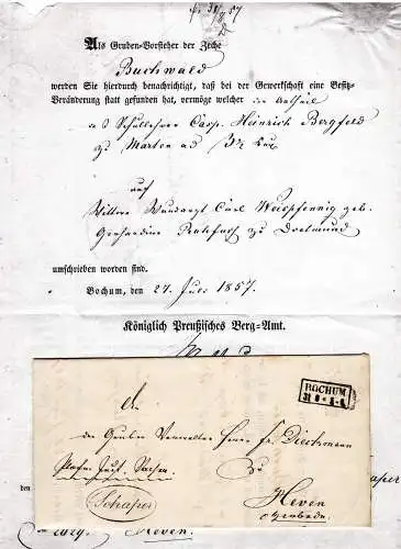 Preussen 1857, R2 Bochum auf Brief des. kgl. preuss. Berg-Amt m. Beamtenstempel