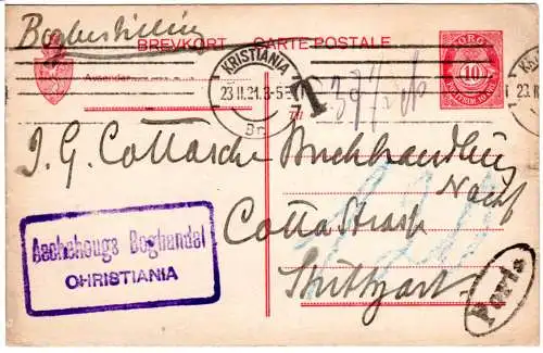 Norwegen 1921, 10 öre Ganzsache v. Kristiania n. Stuttgart m. "T" u. Portostpl.