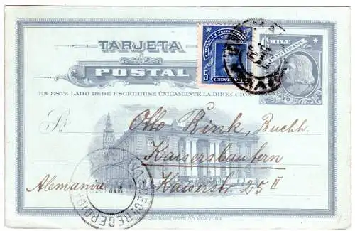 Chile 1909, Columbus 5 C. auf 5 C. Ganzsache v. Valparaiso n. Kaiserslautern