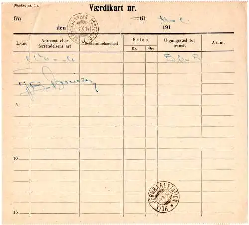 Norwegen 1914, Postschein Verdikart m. Bergensbanens J Bahnpost-Stempel.