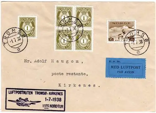 Norwegen 1938, 5x1+15 öre auf Tromsö-Kirkenes Ertsflugbrief m. rücks. Ank.Stpl.