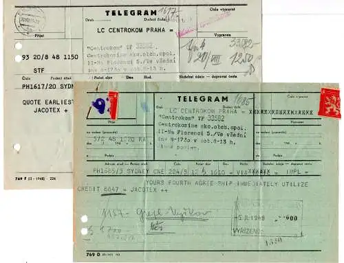 Tschechoslowakei 1848, 2 Telegramme v. Sydney Australien n. Prag. 1x via Radio!