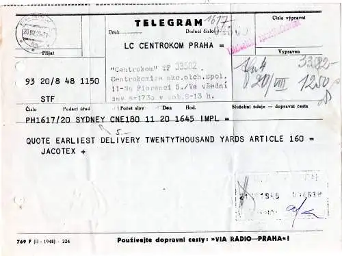 Tschechoslowakei 1848, 2 Telegramme v. Sydney Australien n. Prag. 1x via Radio!