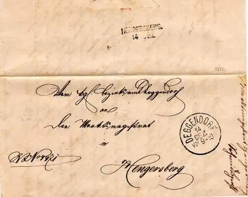 Bayern 1882, Aushilfs-L2 Hengersberg rücks. auf Brief v. Deggendorf