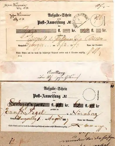 Bayern 1867/78, 2 Quittungen m. versch. Anweisungs Postscheinen v. Hengersberg