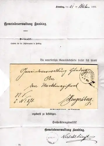 Bayern 1882, K1 Euschertsfurth auf Gemeinde Brief v. Hunding n. Hengersberg