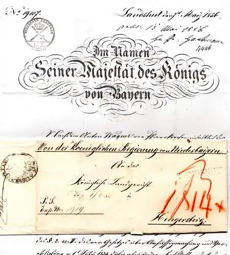 Bayern 1856, L1 Landshut auf königlichem Brief n. Hengersberg m Portonotierungen