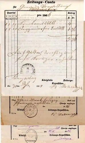 Bayern 1865/72, 3 Zeitungs-Conto Postscheine m. versch. Stempeln v. Hengersberg