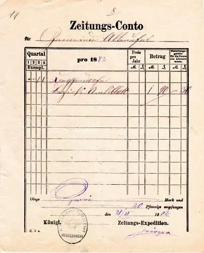 Bayern 1865/72, 3 Zeitungs-Conto Postscheine m. versch. Stempeln v. Hengersberg