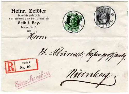 Bayern 1916, 25+5 Pf. auf Firmen Einschreiben Brief v. Selb n. Nürnberg