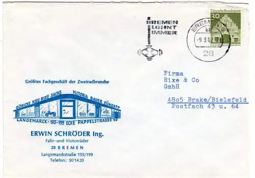 BRD 1967, 30 Pf. auf Reklameumschlag E. Schröder Fahr- u. Motorräder Bremen