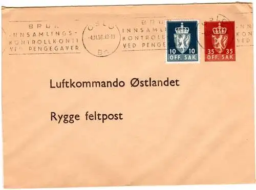 Norwegen 1958, 35 öre Dienst Ganzsachenumschlag m. 10 öre Zusatzfr. v. Oslo