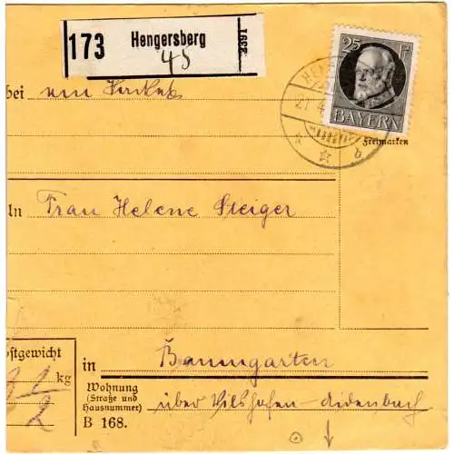 Bayern 1916, EF 25 Pf. Ludwig auf Paketkarte v. Hengersberg m. rs. K1 Baumgarten