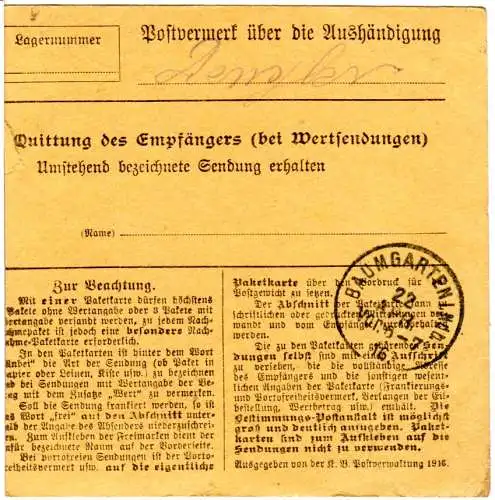 Bayern 1916, EF 25 Pf. Ludwig auf Paketkarte v. Hengersberg m. rs. K1 Baumgarten