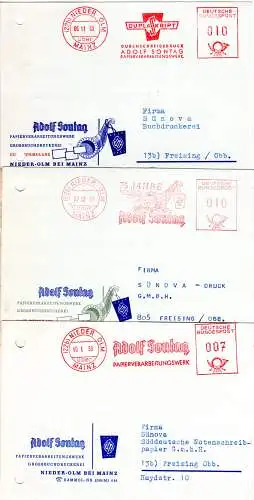 BRD 1959/61, 3 Karten m. versch. Papier Werbe Freistempeln A. Sonntag Nieder Olm