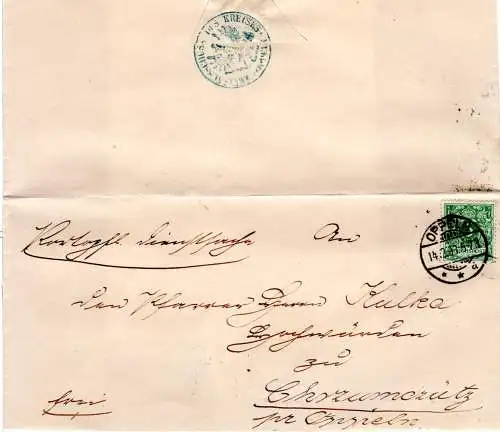 DR 1893, 5 Pf auf portopflichtigem Dienstsache Brief v. Oppeln m. rs. Siegelstpl