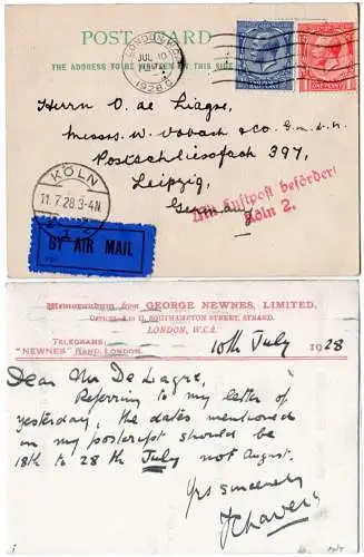 GB 1928, 1+2d auf Luftpost Karte n. Leipzig m. Köln 2 Bestätigungsstempel.