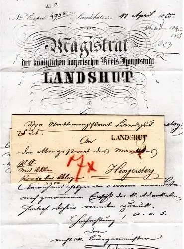 Bayern 1855, L1 Landshut auf Brief "Porto bei Ablage" v. Landshut n Hengersberg 