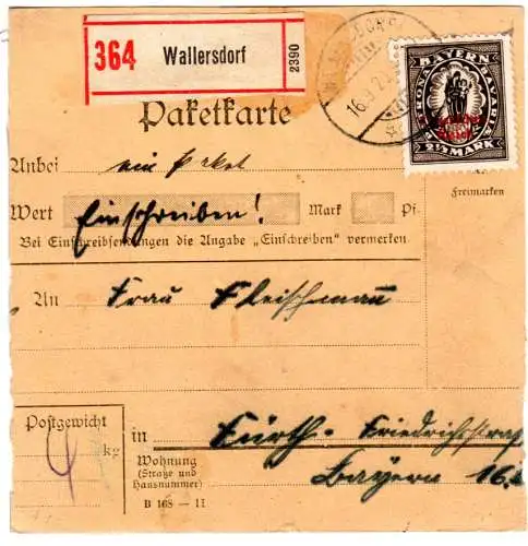 DR 1920, EF 2 1/2 Mk. Bayern Abschied auf Einschreiben Paketkarte v. Wallersdorf