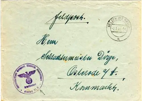 1941, Feldpost Brief v. Uelzen m. Briefstempel Stalag XI B (Fallingbostel)