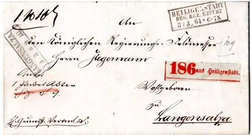 Preussen 1864, R3 HEILIGENSTADT Reg.Bez. Erfurt auf Paket Brief n. Langensalza