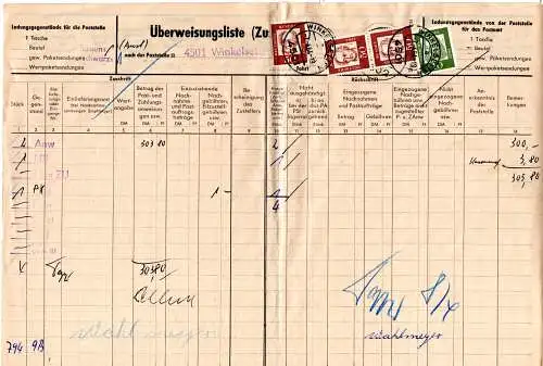 BRD 1964, 3x50+10 Pf. auf Postformular Überweisungsliste v. Winkelsetten