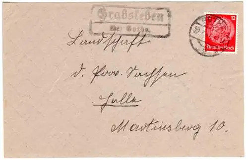 DR 1941, Landpost Stpl. GRABSLEBEN über Gotha auf Briefteil m. 12 Pf. 