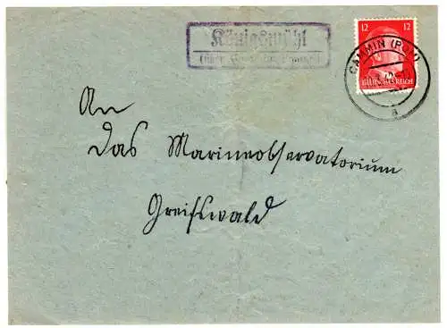 DR 1942, Landpost Stpl. KÖNIGSMÜHL über Cammin auf Brief-Vorderseite m. 12 Pf.