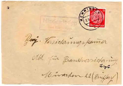 DR 1937, Landpost Stpl. NIEDERRIEDEN über Memmingen auf Briefteil m. 12 Pf.