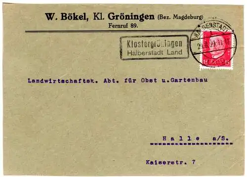 DR 1929, Landpost Stpl. KLOSTERGRÖNINGEN Halberstadt Land auf Briefteil m. 15 Pf