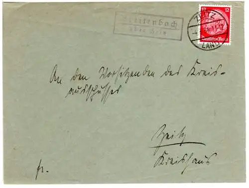 DR 1934, Landpost Stpl. BREITENBACH über Zeitz auf Brief-Vorderseite m. 12 Pf.