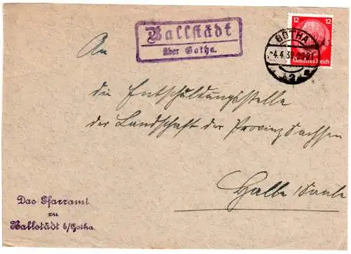 DR 1939, Landpost Stpl. BALLSTÄDT über Gotha auf Brief-Vorderseite m. 12 Pf.