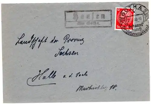 DR 1940, Landpost Stpl. HAUSEN über Gotha auf Brief-Vorderseite m. 12 Pf.