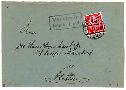 DR 1934, Landpost Stpl. VARCHMIN Köslin Land auf Brief-Vorderseite m. 12 Pf.