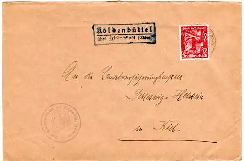 DR 1936, Landpost Stpl. KOLDENBÜTTEL über Friedrichstadt auf Brief m. 12 Pf.