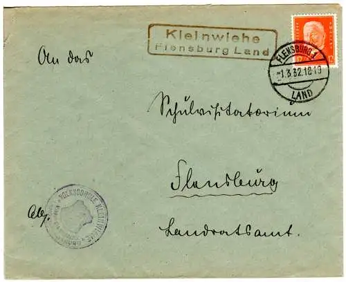 DR 1932, Landpost Stpl. KLEINWIEHE Flensburg Land auf Brief m. 12 Pf.