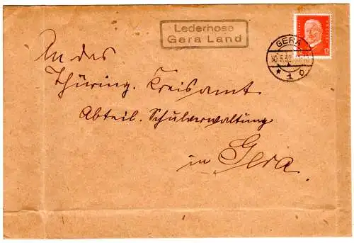 DR 1932, Landpost Stpl. LEDERHOSE Gera Land auf Brief m. 12 Pf.