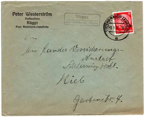 DR 1936, Landpost Stpl. RÜGGE über Süderbarup (Angeln) auf Brief m. 12 Pf.