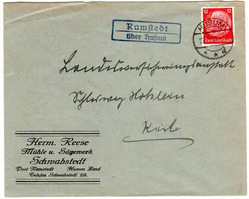 DR 1935, Landpost Stpl. RAMSTEDT über Husum auf Firmen Brief m. 12 Pf.