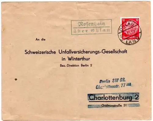 DR 1933, Landpost Stpl. ROSENHAIN über Ohlau auf Rückumschlag Brief m. 12 Pf.