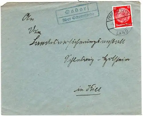 DR 1936, Landpost Stpl. OSDORF über Eckernförde auf Brief m. 12 Pf.