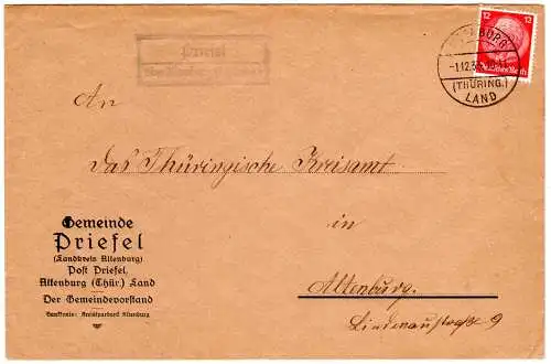 DR 1933, Landpost Stpl. PRIEFEL über Altenburg auf Gemeinde Brief m. 12 Pf.