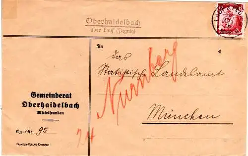 DR 1935, Landpost Stpl. OBERHAIDELBACH über Lauf auf Gemeinde Brief m. 12 Pf.